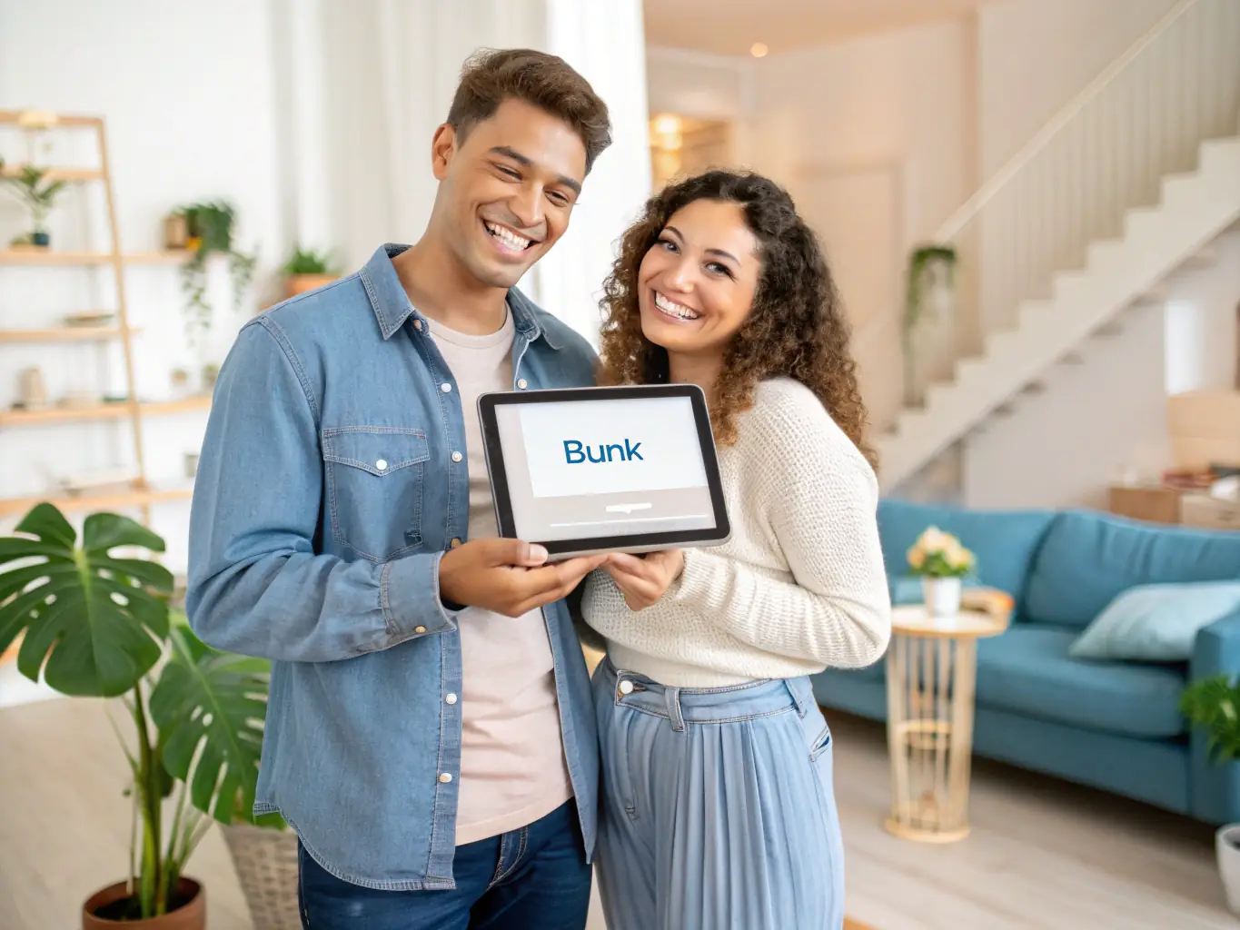 A digital illustration depicting two individuals happily coexisting in a shared living space, highlighting the ease of finding compatible roommates through BUNK's platform.