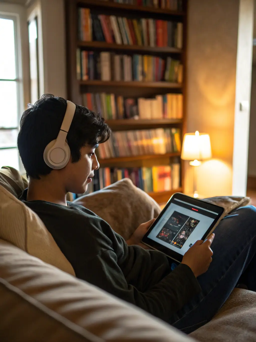 A person wearing headphones in a shared living room, indicating consideration for noise levels.